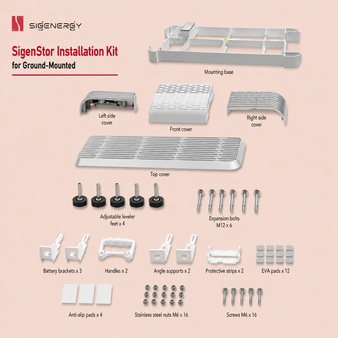 SigenEnergy SigenStar installation kit for ground-mounted solar panels on a beige background.